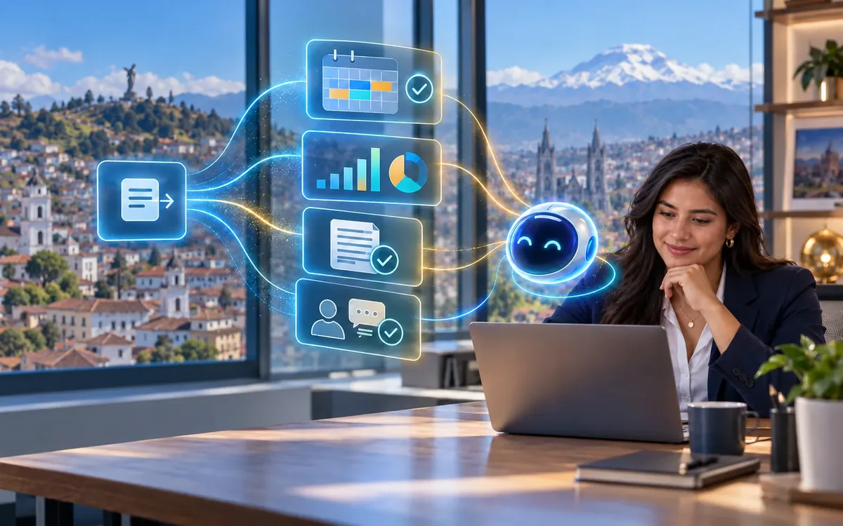 Profesional frente a su laptop con un asistente virtual que organiza tareas, gráficos y documentos, con vista de Quito
